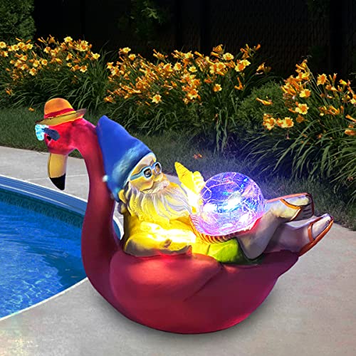 PERFECTOP Garden Gnome on Flamingo Statue with Solar Light, Funny Vacation Gnome Reclining on Flamingo Figurine, Adorable Hawaii Tropical Christmas Decoration Outdoor Patio Yard Lawn Beach Party Decor