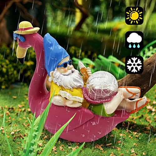 PERFECTOP Garden Gnome on Flamingo Statue with Solar Light, Funny Vacation Gnome Reclining on Flamingo Figurine, Adorable Hawaii Tropical Christmas Decoration Outdoor Patio Yard Lawn Beach Party Decor