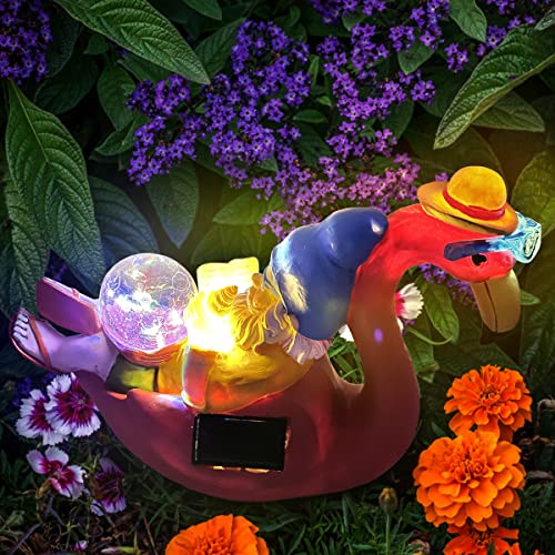 PERFECTOP Garden Gnome on Flamingo Statue with Solar Light, Funny Vacation Gnome Reclining on Flamingo Figurine, Adorable Hawaii Tropical Christmas Decoration Outdoor Patio Yard Lawn Beach Party Decor