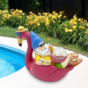 PERFECTOP Garden Gnome on Flamingo Statue with Solar Light, Funny Vacation Gnome Reclining on Flamingo Figurine, Adorable Hawaii Tropical Christmas Decoration Outdoor Patio Yard Lawn Beach Party Decor