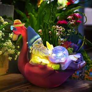 PERFECTOP Garden Gnome on Flamingo Statue with Solar Light, Funny Vacation Gnome Reclining on Flamingo Figurine, Adorable Hawaii Tropical Christmas Decoration Outdoor Patio Yard Lawn Beach Party Decor