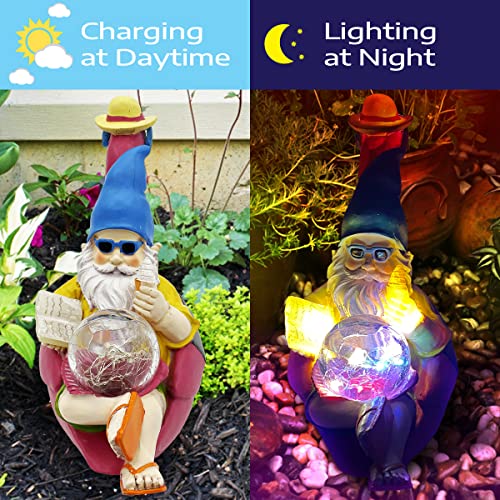 PERFECTOP Garden Gnome on Flamingo Statue with Solar Light, Funny Vacation Gnome Reclining on Flamingo Figurine, Adorable Hawaii Tropical Christmas Decoration Outdoor Patio Yard Lawn Beach Party Decor