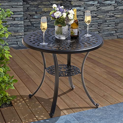 Nuu Garden 31 Inch Patio Dining Table, Cast Aluminum Patio Table with Umbrella Hole, Round Outdoor Bistro Table for Backyard, Garden, Patio, Porch, Black with Antique Bronze Edging