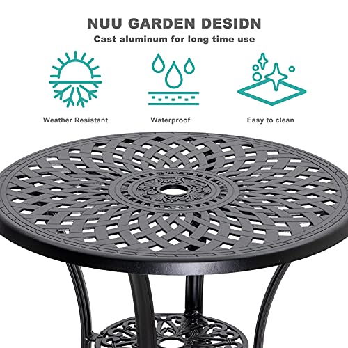 Nuu Garden 31 Inch Patio Dining Table, Cast Aluminum Patio Table with Umbrella Hole, Round Outdoor Bistro Table for Backyard, Garden, Patio, Porch, Black with Antique Bronze Edging