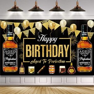 whiskey birthday party decorations for men, large black gold aged to perfection birthday poster party supplies, whiskey themed cheer and beer themed happy birthday banner backdrop photo booth props