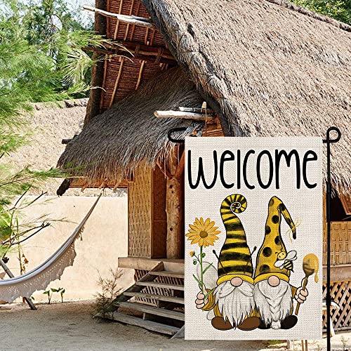 CROWNED BEAUTY Summer Gnomes Garden Flag Welcome Sunflower Bee Honey Yard 12x18 Inch Small Double Sided Outside Decoration Party Farmhouse Décor