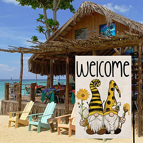 CROWNED BEAUTY Summer Gnomes Garden Flag Welcome Sunflower Bee Honey Yard 12x18 Inch Small Double Sided Outside Decoration Party Farmhouse Décor