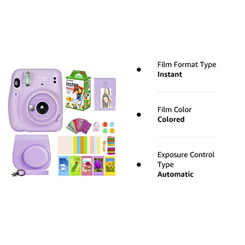 Fujifilm Instax Mini 11 Camera with Fujifilm Instant Mini Film (20 Sheets) Bundle with Deals Number One Accessories Including Carrying Case, Color Filters, Photo Album, Stickers + More (Lilac Purple)