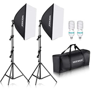 neewer 700w equivalent softbox lighting kit, 2pack 5500k cfl lighting bulbs, 24×24 inches softboxes with e27 socket, photography continuous lighting kit photo studio equipment