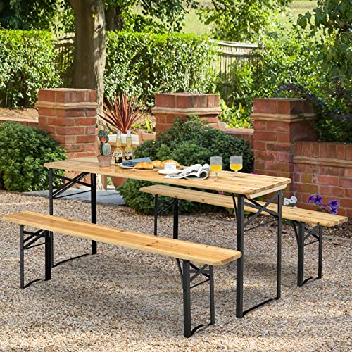 Goplus Foldable Picnic Table with Benches, 3-Piece 70” Portable Beer Garden Table with Sturdy Steel Frame, Folding Wooden Picnic Tables for Outdoors, Patio, Backyard