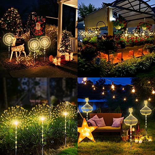 AOFLICT Solar Garden Lights, 4 Pack 126 LED Solar Firework Lights with Remote, 8 Lighting Modes Garden Firework Lights Outdoor Waterproof for Pathway, Backyard, Christmas, Party Decor (Warm White)