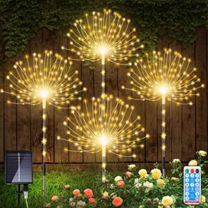 aoflict solar garden lights, 4 pack 126 led solar firework lights with remote, 8 lighting modes garden firework lights outdoor waterproof for pathway, backyard, christmas, party decor (warm white)
