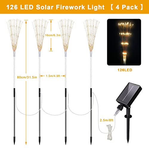 AOFLICT Solar Garden Lights, 4 Pack 126 LED Solar Firework Lights with Remote, 8 Lighting Modes Garden Firework Lights Outdoor Waterproof for Pathway, Backyard, Christmas, Party Decor (Warm White)