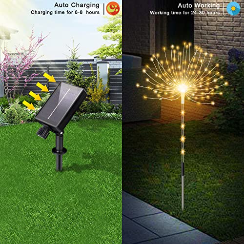 AOFLICT Solar Garden Lights, 4 Pack 126 LED Solar Firework Lights with Remote, 8 Lighting Modes Garden Firework Lights Outdoor Waterproof for Pathway, Backyard, Christmas, Party Decor (Warm White)
