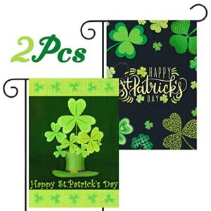 WATINC 2Pcs Happy St. Patrick's Day Garden Flag Burlap Double Sided Clover House Flags Shamrock Indoor Home Flag with Green Hat Pattern Outdoor Three Leaves Decor Flag for Celebration 18.3 x 12.4 In
