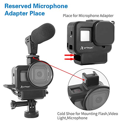 Artman Hero 8 Vlogging Case Compatible with GoPro Hero 8 Black, Cold Shoe Mount Vlog Case Housing Protective Frame Mount Filter Adapter/Charging Interface/Lens Cap(Microphone Adapter Not Included)