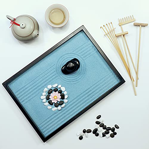 Oasis of Calm Zen Garden Kit. 11x8 Beautiful Premium Japanese Decor Mini Rock Garden Meditation Gifts Set. Home, Office Desk Accessories. Zen Decor Zen Sand Garden. Aqua Blue Sand, 6 Tools, 6 Feature