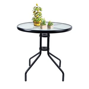 vipush 24″ outdoor bistro table round patio side table dining table with glass table top metal coffee table for lawn garden pool steel frame commercial party table black