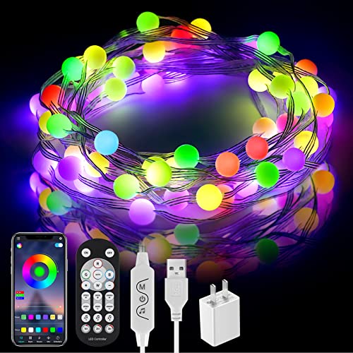 Color Changing Globe String Lights,16.4Ft 50 LED Waterproof Colorful Ball Fairy Lights with RF Remote & APP, 5V USB RGB Music Sync Twinkle Ball Lights for Garden Camping Dinner Wedding Birthday Party