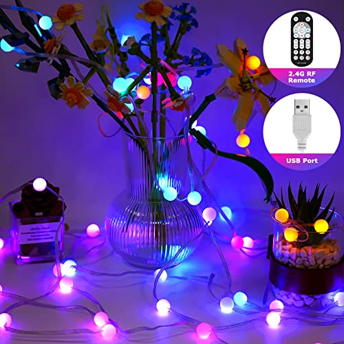 Color Changing Globe String Lights,16.4Ft 50 LED Waterproof Colorful Ball Fairy Lights with RF Remote & APP, 5V USB RGB Music Sync Twinkle Ball Lights for Garden Camping Dinner Wedding Birthday Party