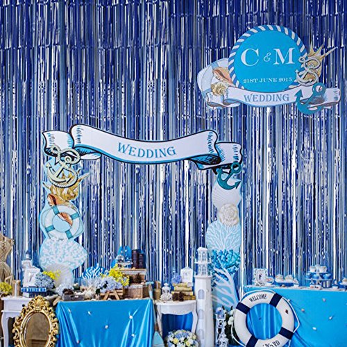 BTSD-home Blue Foil Fringe Curtain, Metallic Photo Booth Backdrop Tinsel Door Curtains for Wedding Birthday Bridal Shower Baby Shower Bachelorette Christmas Party Decorations(2 Pack, 6ft x 8ft)