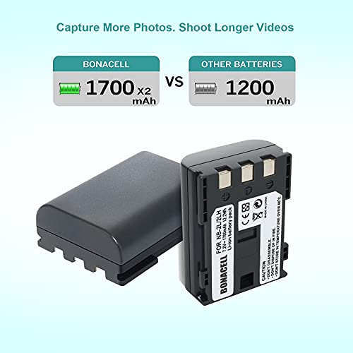 Bonacell 2Pack NB-2L/ NB-2LH Replacement Battery and Charger Compatible with Canon PowerShot S80 S70 S60 S50 S45 S40 S30 G9 G7 DC420 DC410 VIXIA HF EOS 400D 350D Digital Rebel XTi XT
