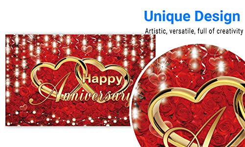 Funnytree Happy Wedding Anniversary Party Backdrop Banner Red Gold Flowers Roses Photo Booth Banner Supplies Photography Background Indoor Outdoor Decorations