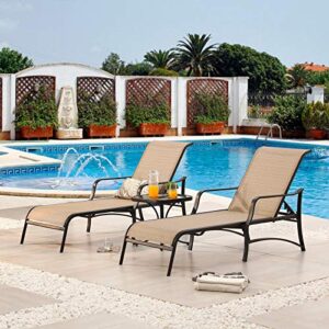 festival depot 3 pc patio bistro outdoor chaise lounge chair set textilene furniture metal adjustable back curved armrest with glass desktop coffee side table for porch yard garden (beige)