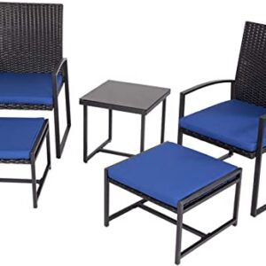 kinbor 5 Pieces Wicker Patio Furniture Set - PE Rattan Outdoor Patio Chairs with Ottomans Conversation Sets with Glass Coffee Table and Cushions for Poolside, Garden, Balcony, Porch (Dark Blue)