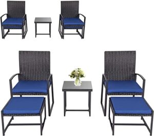 kinbor 5 pieces wicker patio furniture set – pe rattan outdoor patio chairs with ottomans conversation sets with glass coffee table and cushions for poolside, garden, balcony, porch (dark blue)