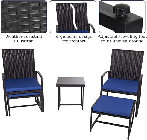 kinbor 5 Pieces Wicker Patio Furniture Set - PE Rattan Outdoor Patio Chairs with Ottomans Conversation Sets with Glass Coffee Table and Cushions for Poolside, Garden, Balcony, Porch (Dark Blue)