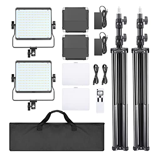 Neewer 2-Pack 2.4G LED Video Light with 2M Stand Bi-color 200 SMD CRI 96+/U-Bracket/Barndoor/LCD Display Video Lighting Kit for Studio Photography, Remote/Case Included