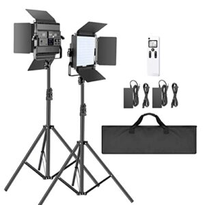 neewer 2-pack 2.4g led video light with 2m stand bi-color 200 smd cri 96+/u-bracket/barndoor/lcd display video lighting kit for studio photography, remote/case included