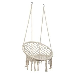 hammock chair hanging rope swing, hammock net air/sky chair deluxe cotton rope sling w/ tassel for bedroom, beach, yard, patio, porch, garden, indoor/ outdoor space (beige)