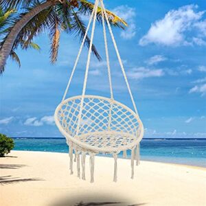 Hammock Chair Hanging Rope Swing, Hammock Net Air/Sky Chair Deluxe Cotton Rope Sling w/ Tassel for Bedroom, Beach, Yard, Patio, Porch, Garden, Indoor/ Outdoor Space (Beige)