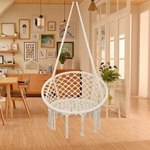 Hammock Chair Hanging Rope Swing, Hammock Net Air/Sky Chair Deluxe Cotton Rope Sling w/ Tassel for Bedroom, Beach, Yard, Patio, Porch, Garden, Indoor/ Outdoor Space (Beige)