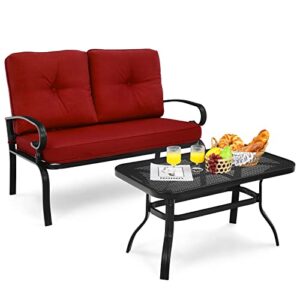 giantex patio loveseat with coffee table outdoor bench with cushion and metal frame, loveseat porch furniture set sofa for garden, yard, patio or poolside (deep red & black)