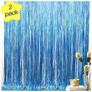 blue foil fringe curtains iridescent mermaid shark party supplies photo backdrop decor curtains under the sea backdropr wedding window party decorations photo booth props(2 * 6.5 * 3.2 ft, lake blue)