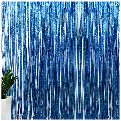 Blue Foil Fringe Curtains Iridescent Mermaid Shark Party Supplies Photo Backdrop Decor Curtains Under The Sea Backdropr Wedding Window Party Decorations Photo Booth Props(2 * 6.5 * 3.2 Ft, Lake Blue)