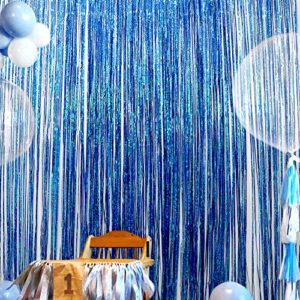 Blue Foil Fringe Curtains Iridescent Mermaid Shark Party Supplies Photo Backdrop Decor Curtains Under The Sea Backdropr Wedding Window Party Decorations Photo Booth Props(2 * 6.5 * 3.2 Ft, Lake Blue)