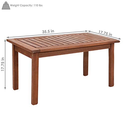 Sunnydaze Meranti Wood Coffee Table with Teak Oil Finish - 17.75 x 35.5 Inch Modern Rectangle Outdoor Center Table - Perfect Decorative Patio Furniture Accent for The Patio, Deck, Front Porch or Yard