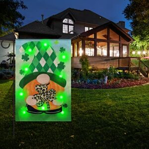 st patrick’s day garden flag with green led lights good shamrock luck truck gnome 12 x 18 inch double sided garden flag durable burlap shamrock garden flag for lawn party outdoor decorations (gnome-3)