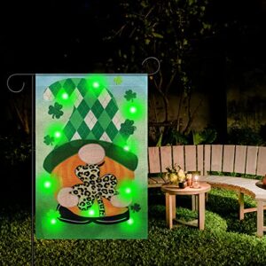 St Patrick's Day Garden Flag with Green Led Lights Good Shamrock Luck Truck Gnome 12 X 18 Inch Double Sided Garden Flag Durable Burlap Shamrock Garden Flag for Lawn Party Outdoor Decorations (Gnome-3)