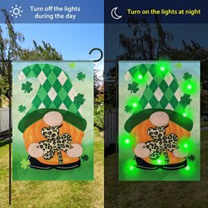 St Patrick's Day Garden Flag with Green Led Lights Good Shamrock Luck Truck Gnome 12 X 18 Inch Double Sided Garden Flag Durable Burlap Shamrock Garden Flag for Lawn Party Outdoor Decorations (Gnome-3)