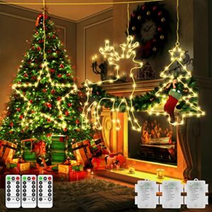 3 pack christmas window star lights, 45 led deer lights battery operated window decorations 8 modes with remote controls for home party garden indoor outdoor decor(warm white)