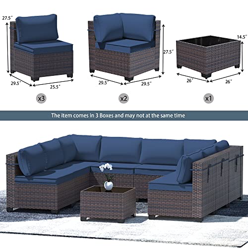 RTDTD Outdoor Patio Furniture Set, 9 Pieces Outdoor Furniture All Weather Patio Sectional Sofa PE Wicker Modular Conversation Sets with Coffee Table,8 Chairs & Seat Clips(Dark Blue)