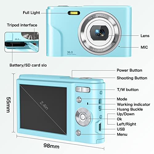 Digital Camera with LCD Screen, Full HD 1080P 36.0 Mega Pixels Vlogging Camera for Teens, Kids Boys and Girls, Digital Vlogging Camera with 16X Digital Zoom, 2 Batteries