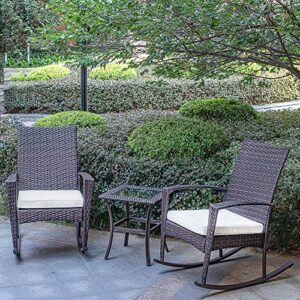 3 piece wicker patio furniture sets, outdoor wicker rocking chairs patio bistro set, rattan chairs patio furniture set for porch lawn poolside backyard with glass coffee table, brown and beige