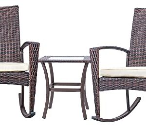 3 Piece Wicker Patio Furniture Sets, Outdoor Wicker Rocking Chairs Patio Bistro Set, Rattan Chairs Patio Furniture Set for Porch Lawn Poolside Backyard with Glass Coffee Table, Brown and Beige