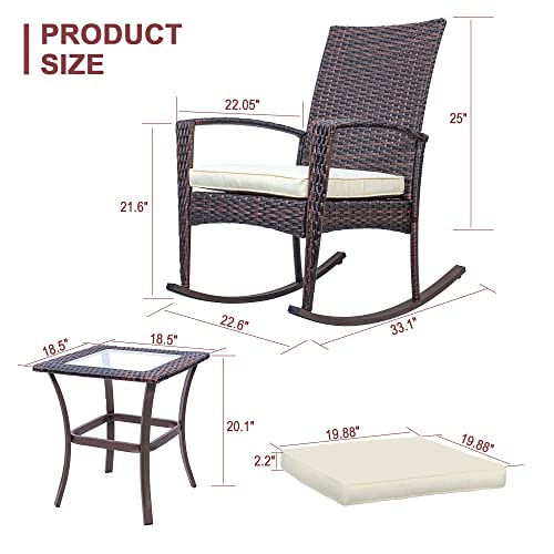 3 Piece Wicker Patio Furniture Sets, Outdoor Wicker Rocking Chairs Patio Bistro Set, Rattan Chairs Patio Furniture Set for Porch Lawn Poolside Backyard with Glass Coffee Table, Brown and Beige